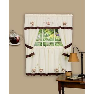 Cuppa-Joe Window Kitchen Curtains 3-Piece Embellished Cottage Set - 56" (W) x